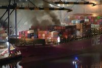 A major fire on the One Henry Hudson container ship in Los Angeles continues to burn, leading to a shelter-in-place order due to concerns of hazardous materials. All crew members are safe, but significant firefighting efforts are underway.