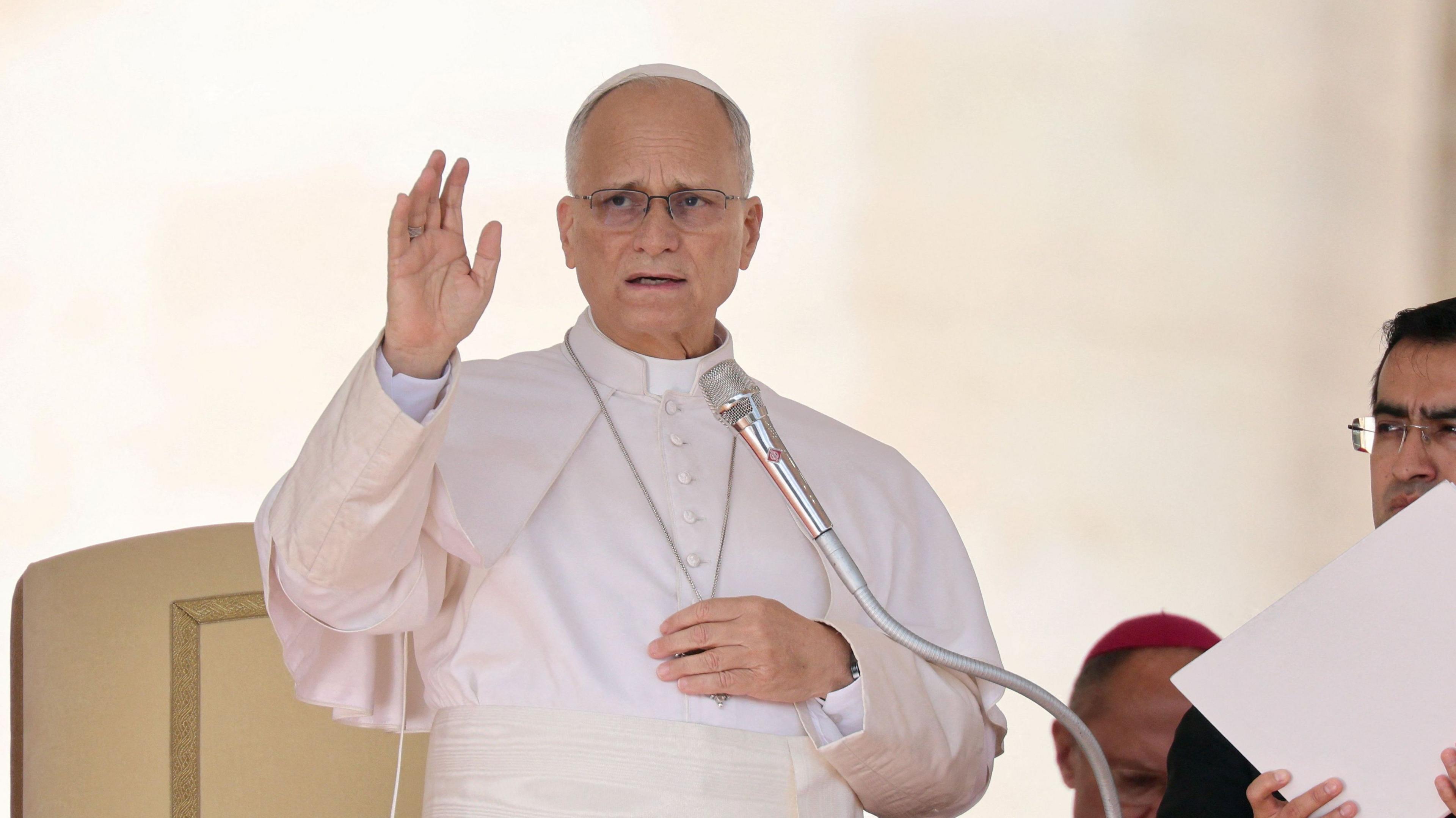 Pope Leo XV speaking at St. Peter’s Square