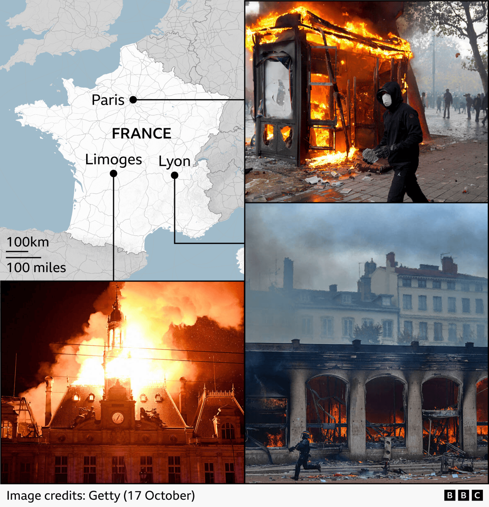 Map of France showing protest centres in Paris, Lyon and Marseille with images of burning kiosks and fire damage.